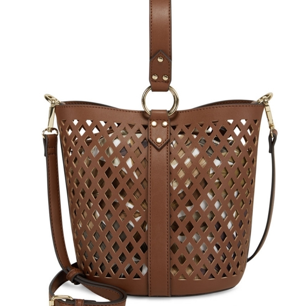 INC International Concepts Womens Brown Vegan Leather Weave Bucket Purse Handbag